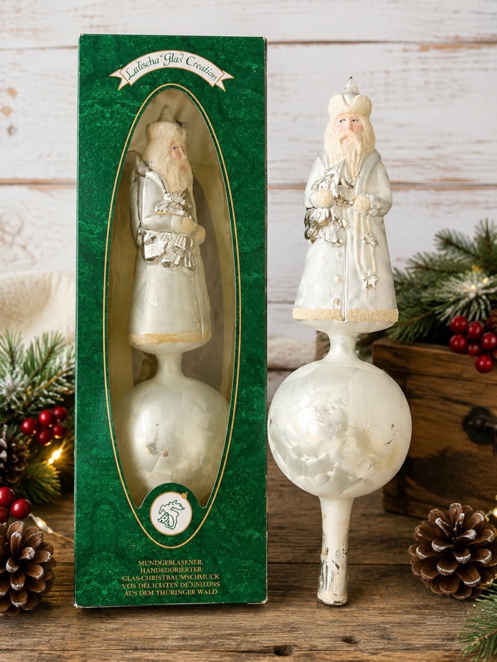 Vintage Lauscha Glas Creation Santa Tree Topper 13” German Blown Glass Box